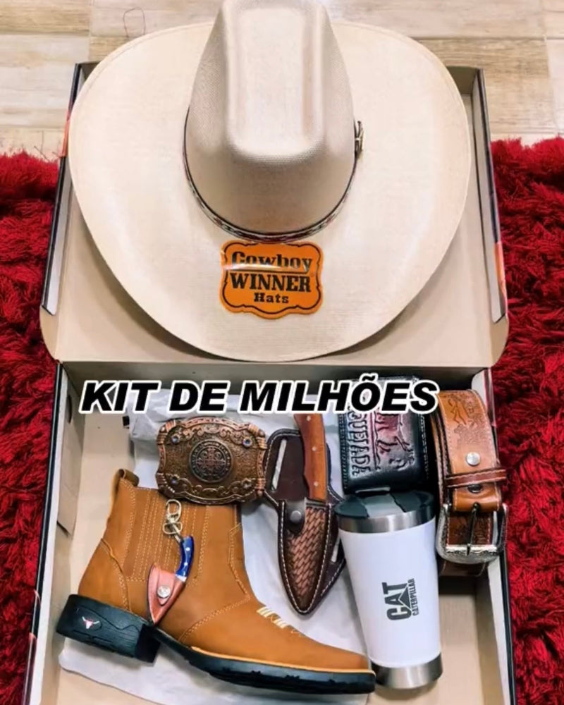 Kit Cowboy Caterpillar - Botina + Chapéu Boiadeiro + Cinto + 2 Facas + Copo Térmico + Fivela