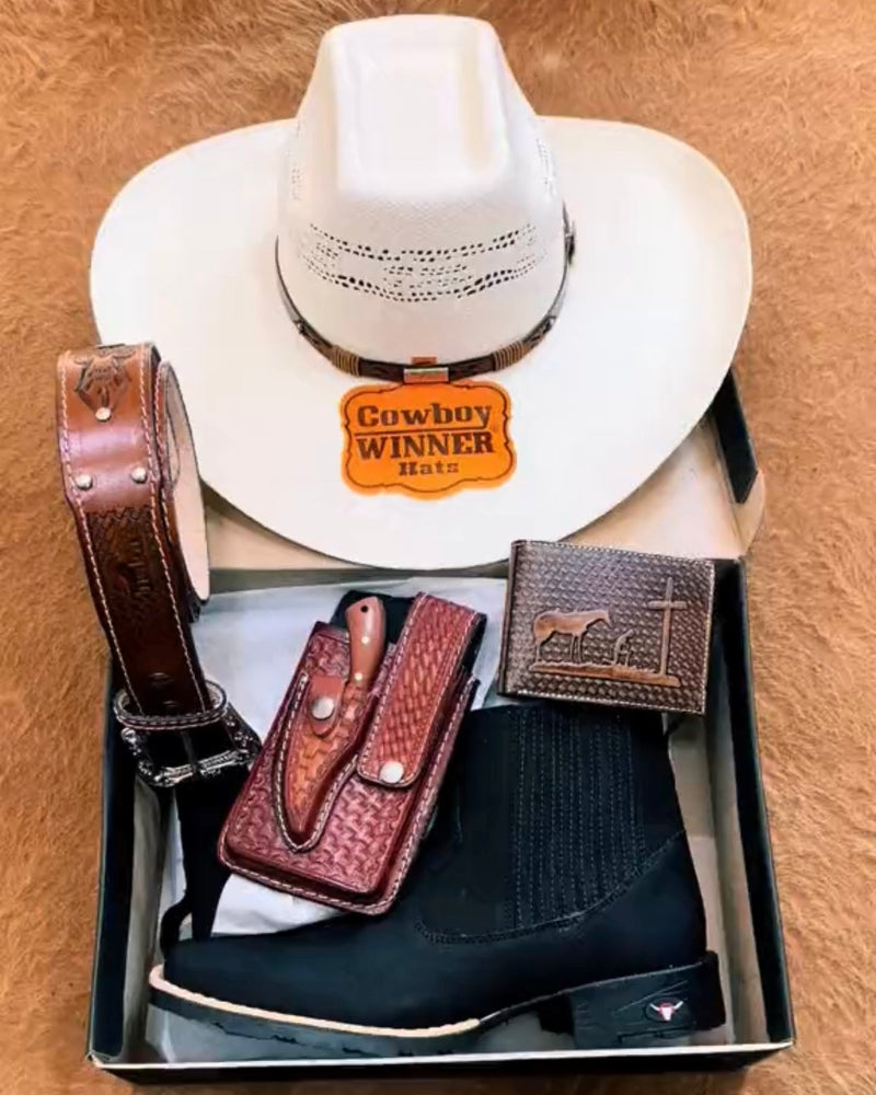 Kit Cowboy - Botina + Chapéu Boiadeiro + Carteira +  Cinto + Faca